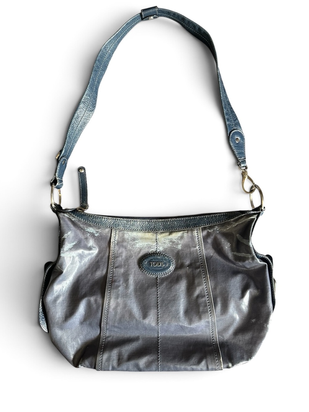 TOD'S Metallic Slate Gray Leather Shoulder Bag